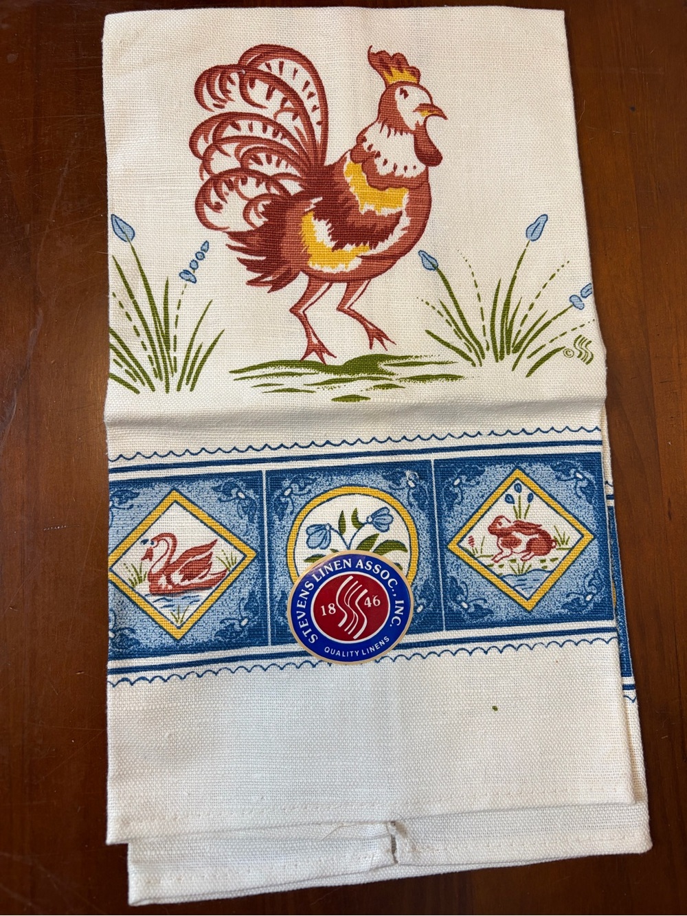 Vintage Stevens Pure Linen Cream Kitchen Towel cottage core rooster, Swan, bunny